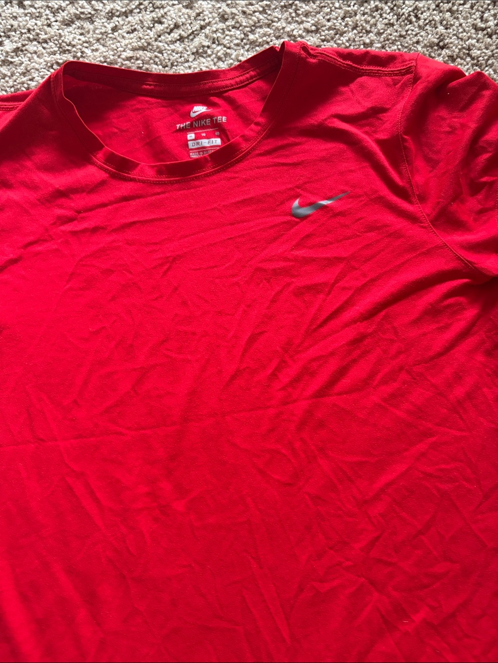 Nike Men’s Red Short Sleeve Dri-FIT Tee with Silver Swoosh
